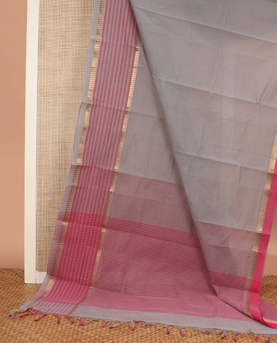 Grey striped chirala cotton saree, temple border of stripes, striped pallu, and contrast floral vine and bird printed blouse - Image 2