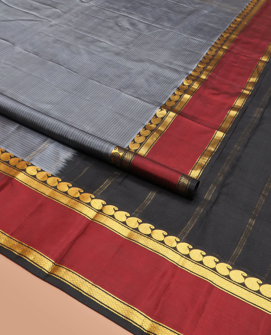 Grey Striped Kanchipuram Silk Saree Adorned with a Contrast Rettai Pettu Border Featuring Manga, Banaras, and Mayil Kann Designs, a Subtle Striped Pallu, and a Contrast Blouse - Image 2