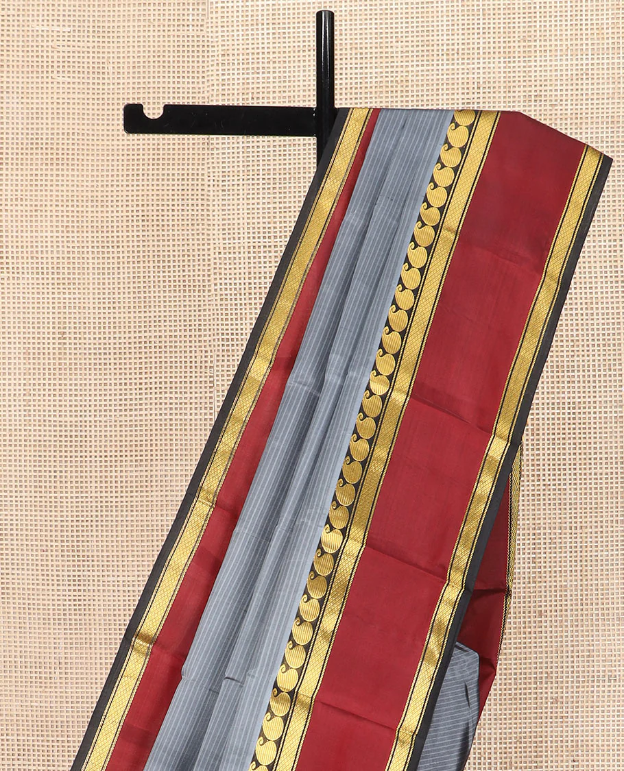 Grey Striped Kanchipuram Silk Saree Adorned with a Contrast Rettai Pettu Border Featuring Manga, Banaras, and Mayil Kann Designs, a Subtle Striped Pallu, and a Contrast Blouse - Image 3