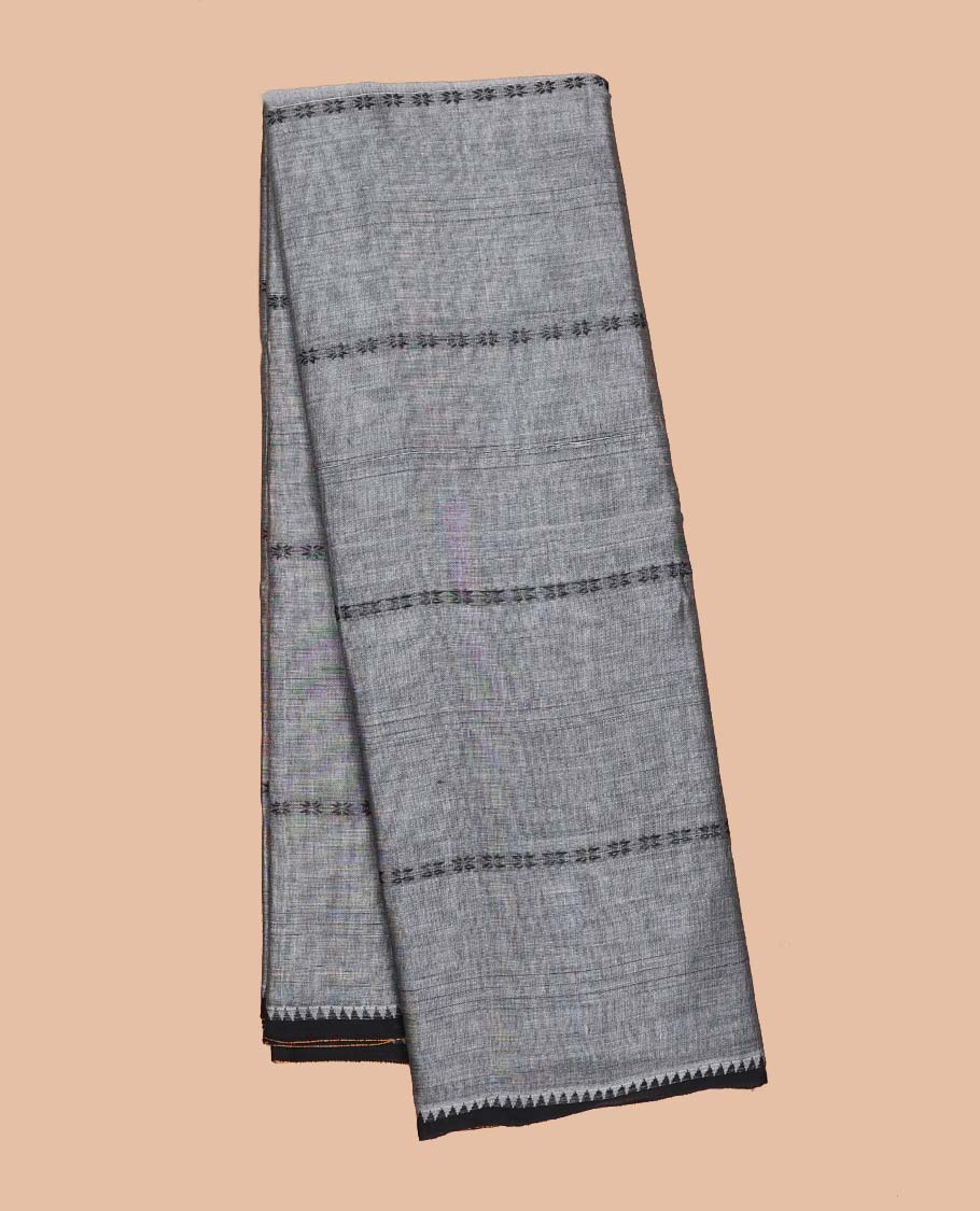 Grey striped Narayanapet cotton saree, contrast traditional design border & striped pallu - Image 2