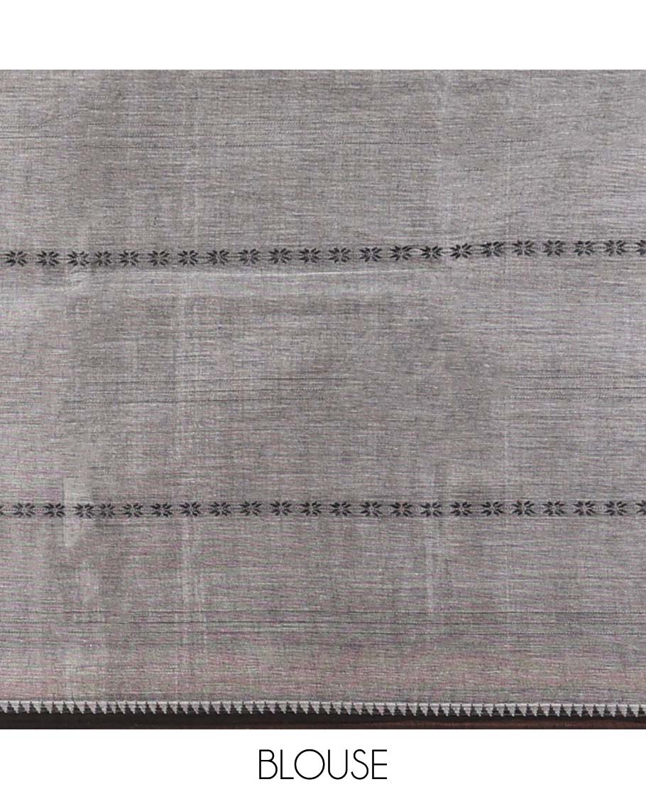 Grey striped Narayanapet cotton saree, contrast traditional design border & striped pallu - Image 3