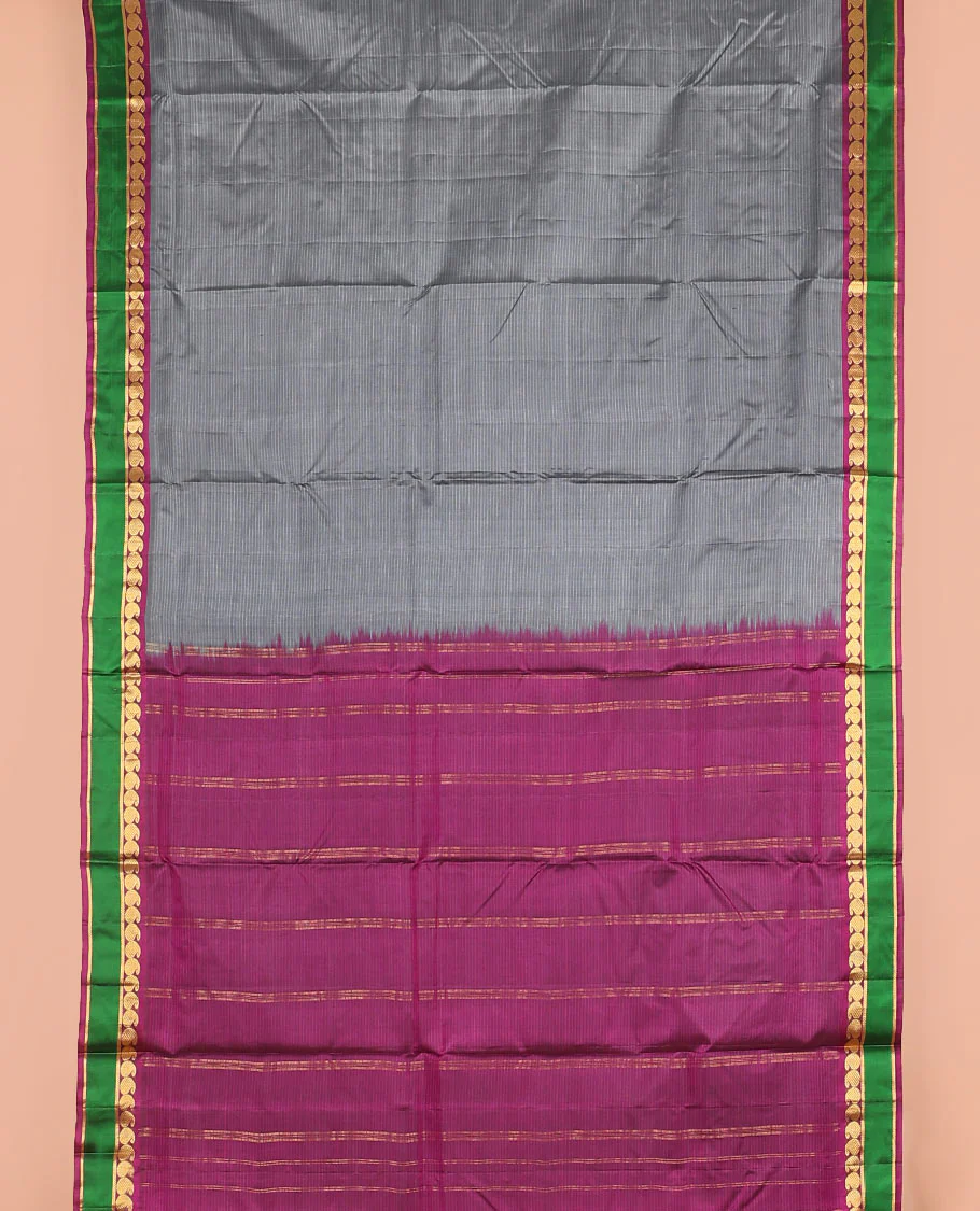 Grey striped nine-yard silk saree, contrast rettai pettu border of mayil manga, and kathir designs, and zari striped pallu - Image 2