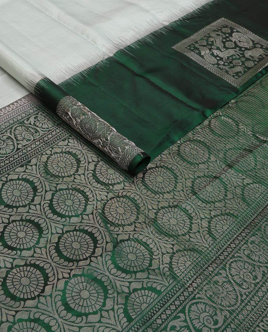 Grey striped silk saree, contrast border of mayil,yaali,kuthirai,annam,yaanai & maan & ogee patterned pallu - Image 2