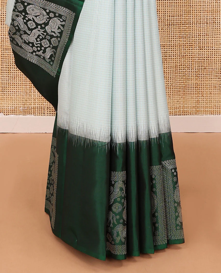 Grey striped silk saree, contrast border of mayil,yaali,kuthirai,annam,yaanai & maan & ogee patterned pallu - Image 5