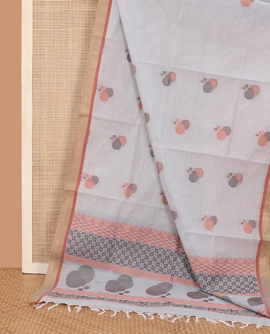 Grey stripes, and circle buttas woven Kanchi cotton saree, contrast plain border, and geometric patterns steeped pallu - Image 2
