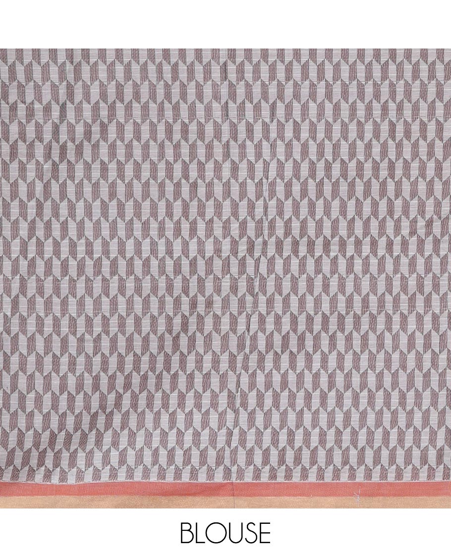 Grey stripes, and circle buttas woven Kanchi cotton saree, contrast plain border, and geometric patterns steeped pallu - Image 3