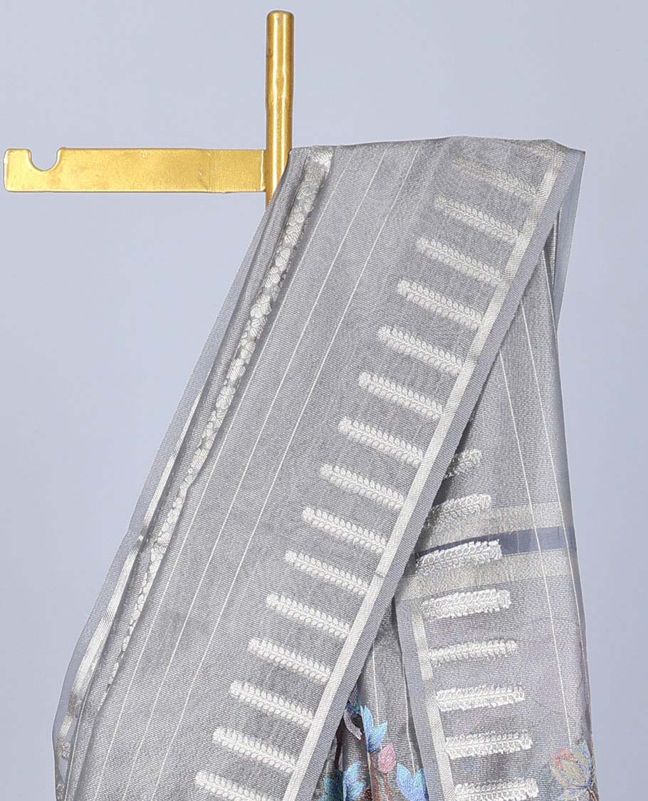 Grey stripes & kamalam semi-banaras tissue saree, zari design border & pallu of floral & pichwai cow embroidery - Image 3