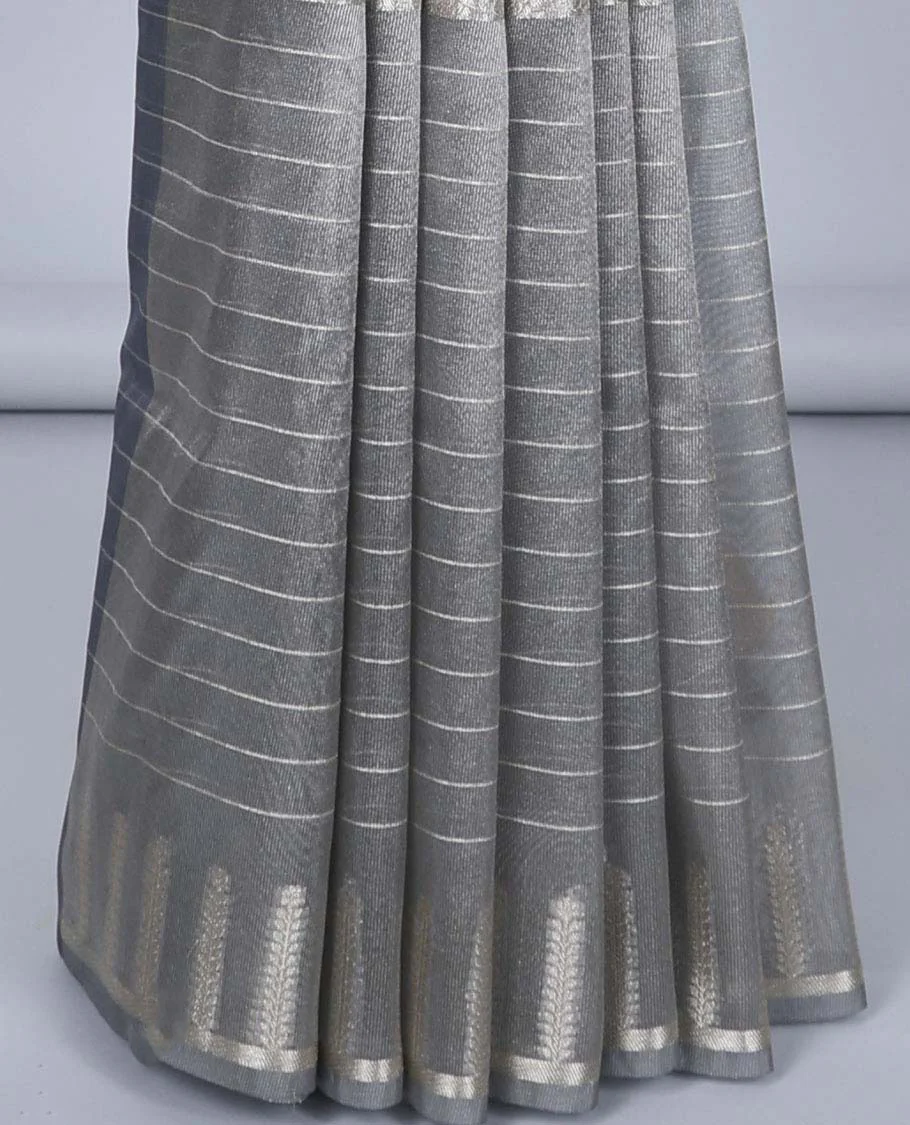 Grey stripes & kamalam semi-banaras tissue saree, zari design border & pallu of floral & pichwai cow embroidery - Image 4