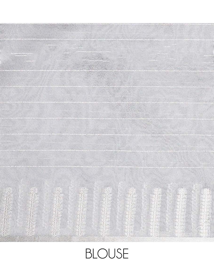 Grey stripes & kamalam semi-banaras tissue saree, zari design border & pallu of floral & pichwai cow embroidery - Image 5