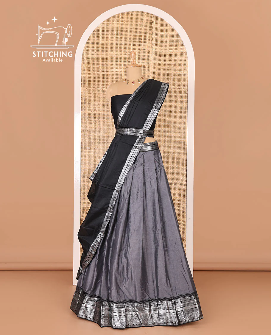 Grey taffeta silk half-saree, plain with a contrast traditional design bordered skirt, contrast blouse, and traditional zari bordered blouse - Image 3