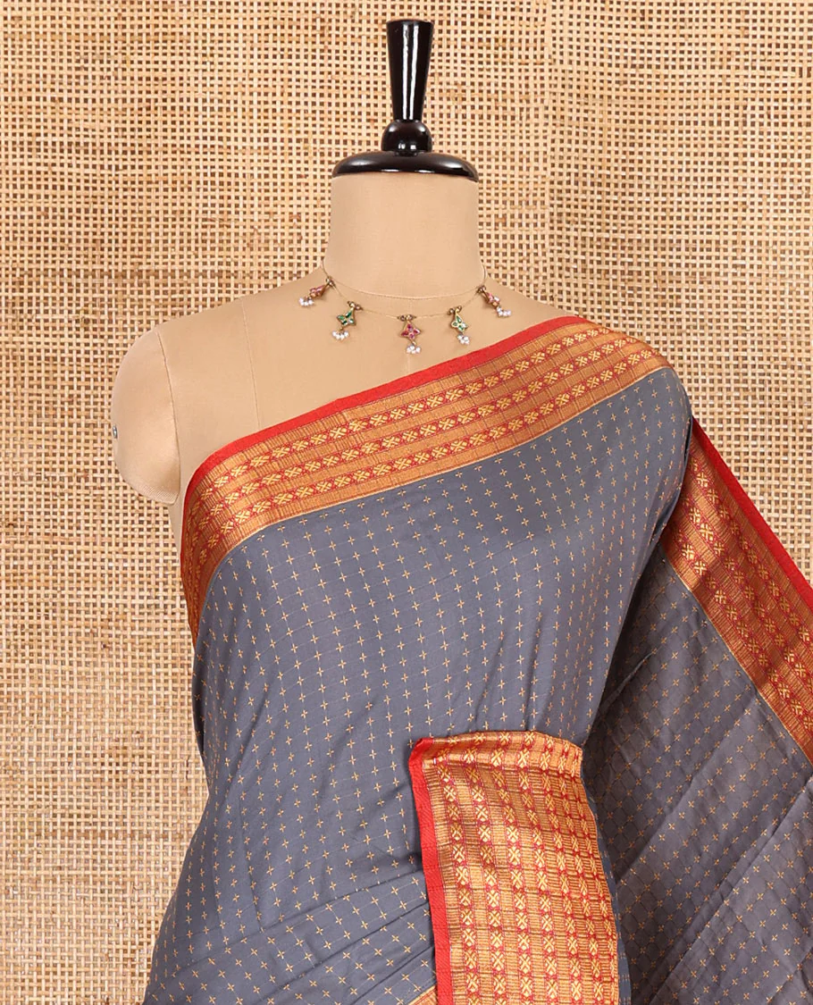 Grey thread butta all over body semi soft silk , contrast traditional border , contrast lining chit pallu - Image 2
