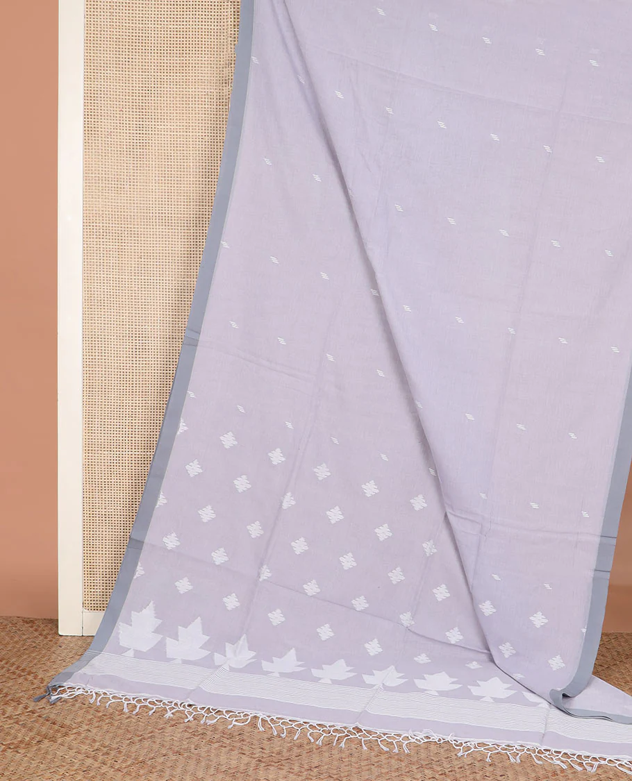 Grey thread buttas Khadi cotton saree, contrast plain border, and pallu of geometric buttas - Image 2