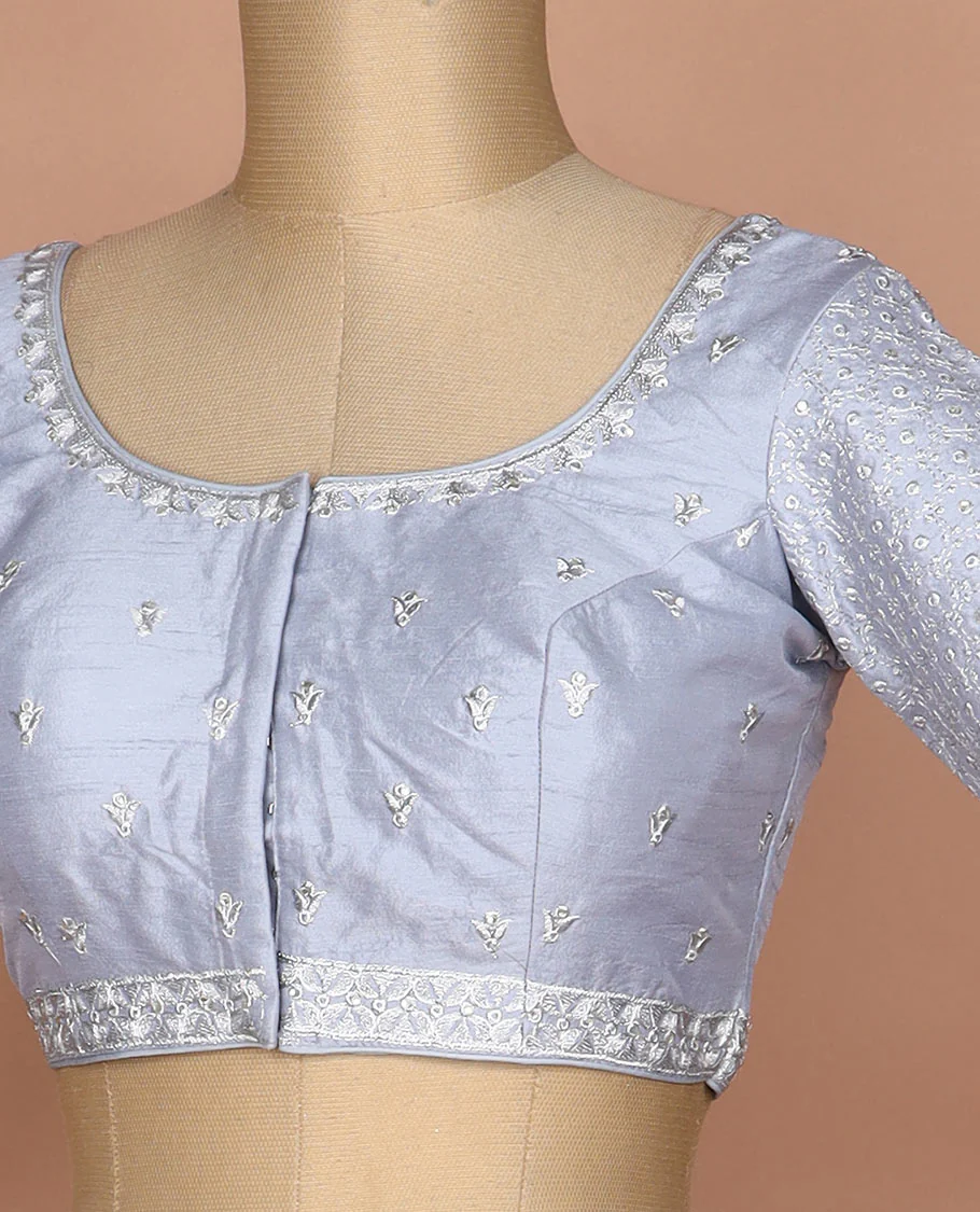 Grey thread embroidered round neck elbow sleeve raw silk readymade blouse - Image 2