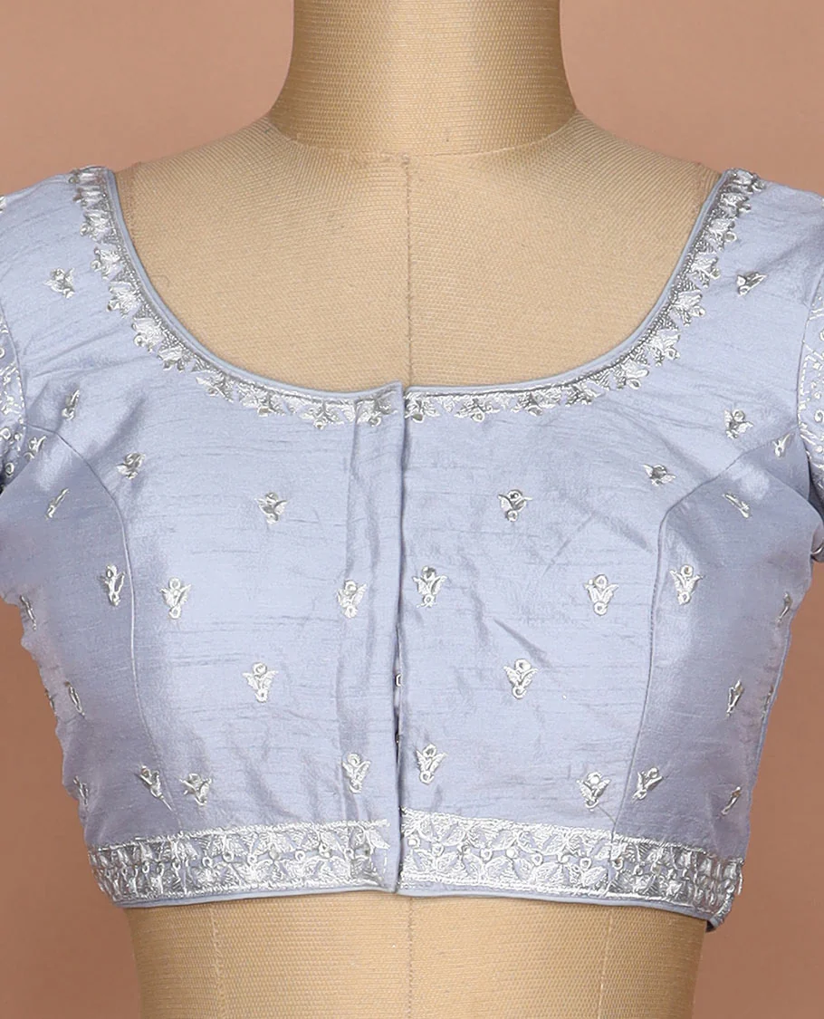 Grey thread embroidered round neck elbow sleeve raw silk readymade blouse - Image 3