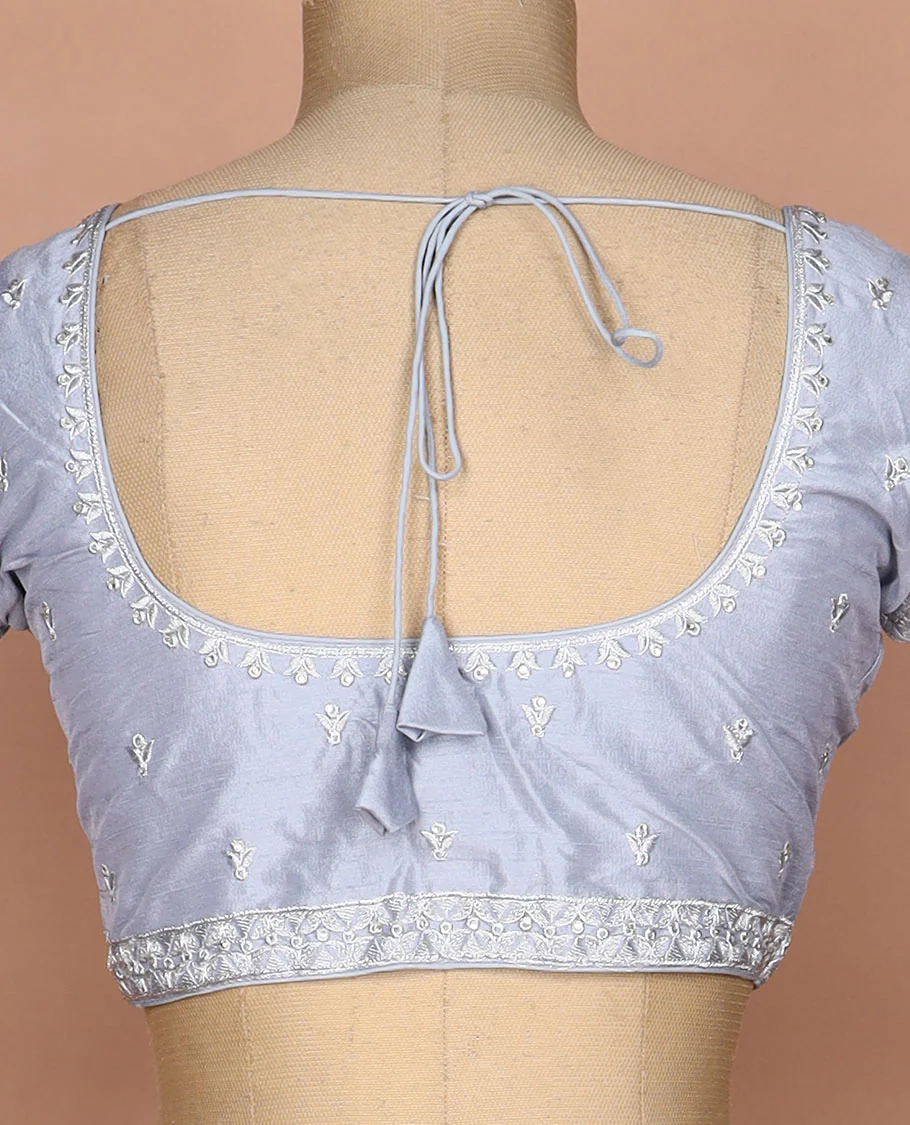 Grey thread embroidered round neck elbow sleeve raw silk readymade blouse - Image 4