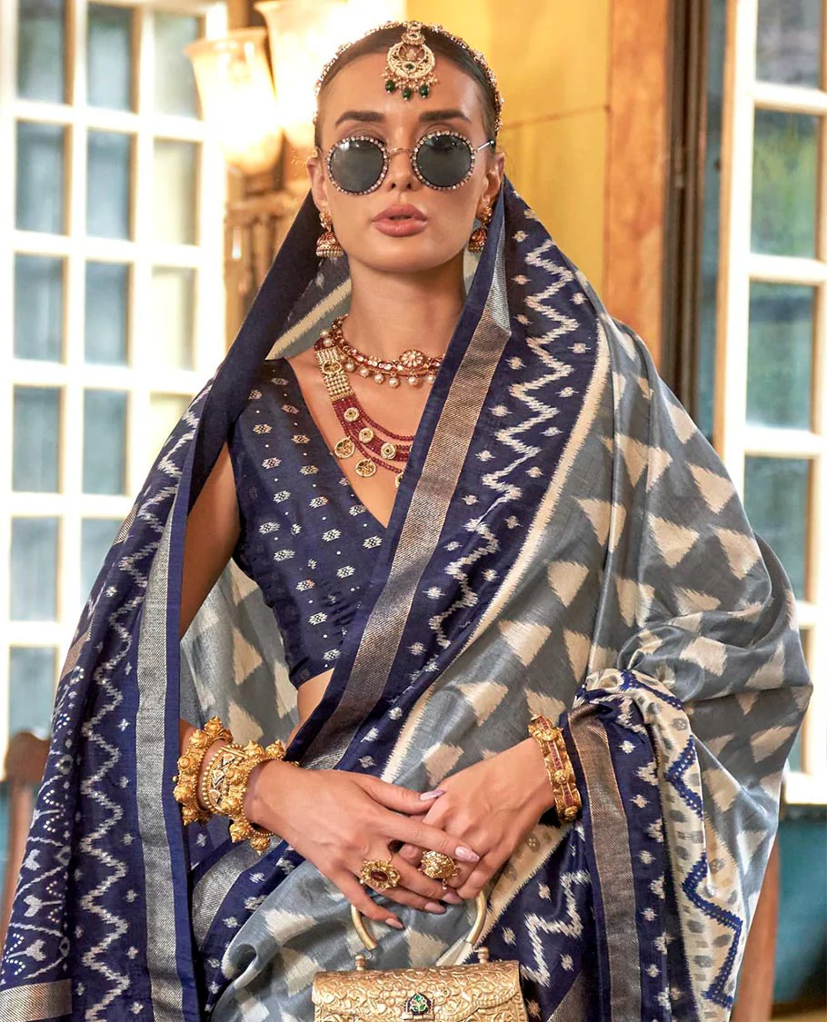 Grey triangle buttas patola designer catalog saree, contrast ikkat geometric border and pallu of ikkat jaal design - Image 2