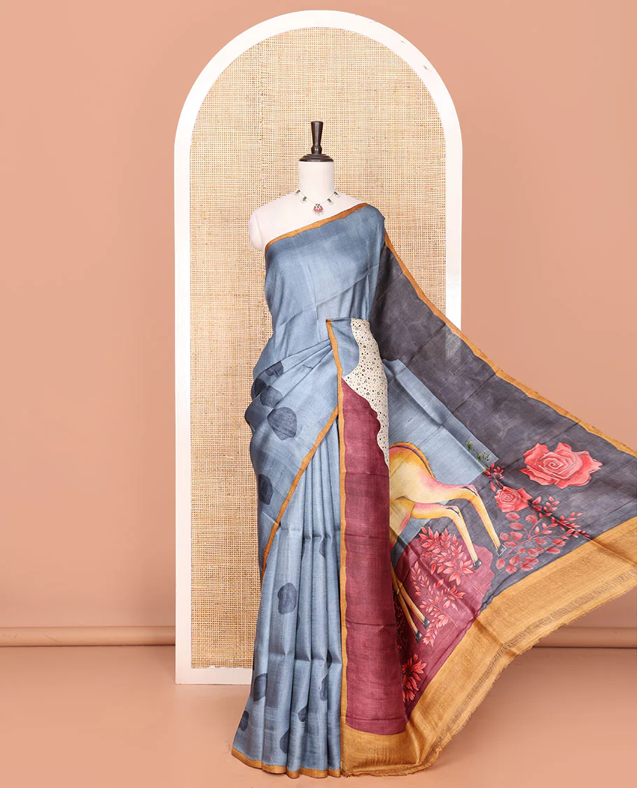 Grey Tussar Saree Printed with Pebble Motifs, Featuring a Contrast Piping Plain Border, with the Pallu and Blouse picturing a Realistic Big Deer Motif Print