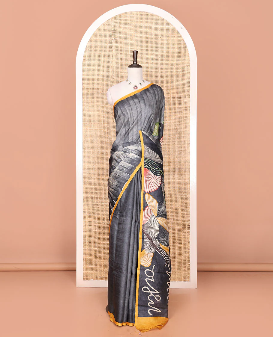 Grey Tussar Saree Printed with Tropical Floral Motifs, Featuring a Contrast Piping-Style Plain Border, Pallu of Unique Print, and a Matching Plain Blouse - Image 2