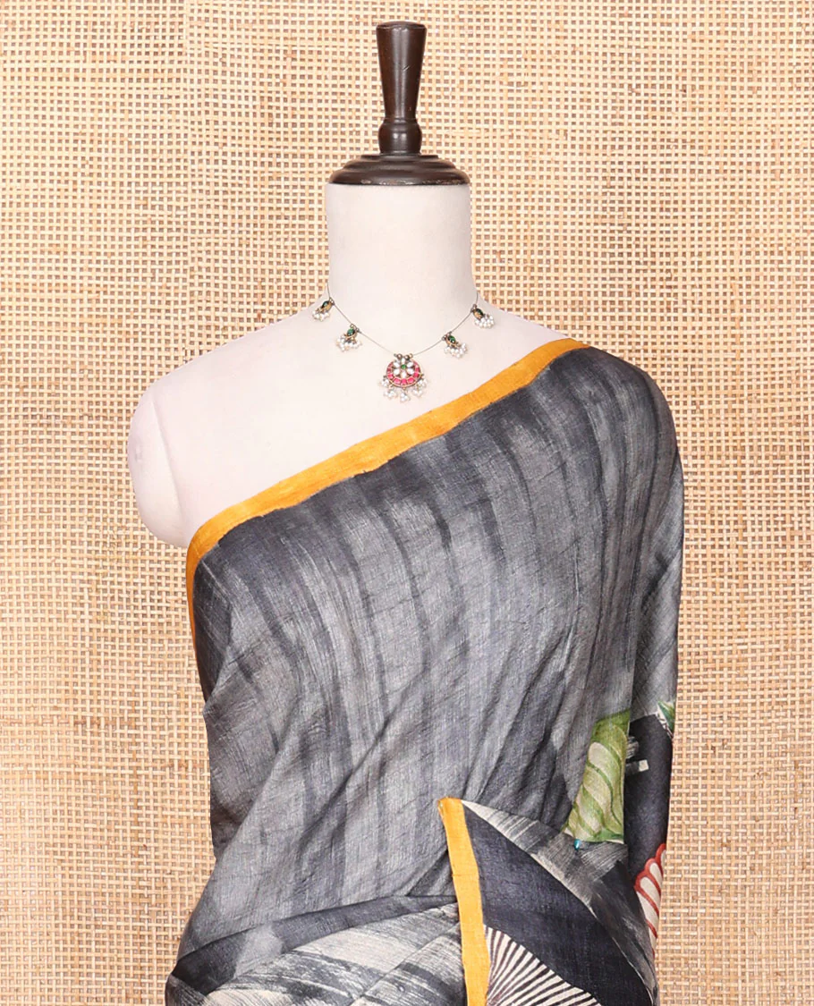 Grey Tussar Saree Printed with Tropical Floral Motifs, Featuring a Contrast Piping-Style Plain Border, Pallu of Unique Print, and a Matching Plain Blouse - Image 3