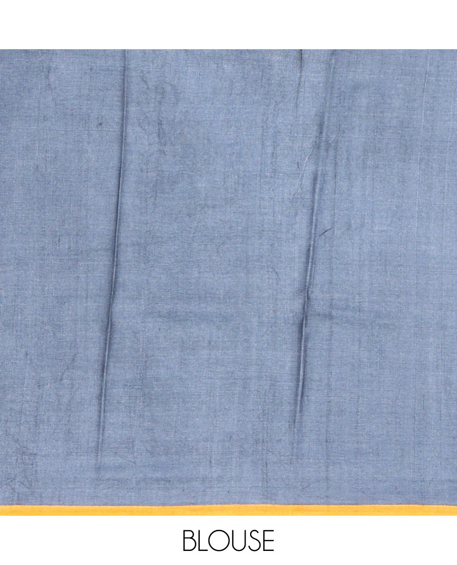 Grey Tussar Saree Printed with Tropical Floral Motifs, Featuring a Contrast Piping-Style Plain Border, Pallu of Unique Print, and a Matching Plain Blouse - Image 4