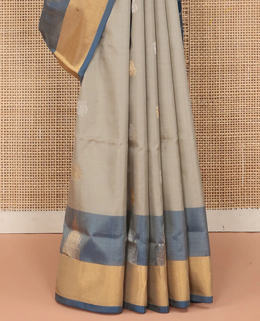 Grey Uppada Silk Saree Featuring Zari Buttas, Contrast Sparsely Woven Temple Border, Pallu Decked Up with Floral-Geometric Designs, and Paired with a Contrast Blouse - Image 4