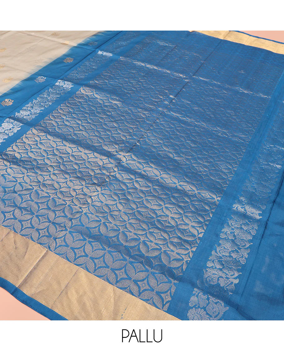 Grey Uppada Silk Saree Featuring Zari Buttas, Contrast Sparsely Woven Temple Border, Pallu Decked Up with Floral-Geometric Designs, and Paired with a Contrast Blouse - Image 5