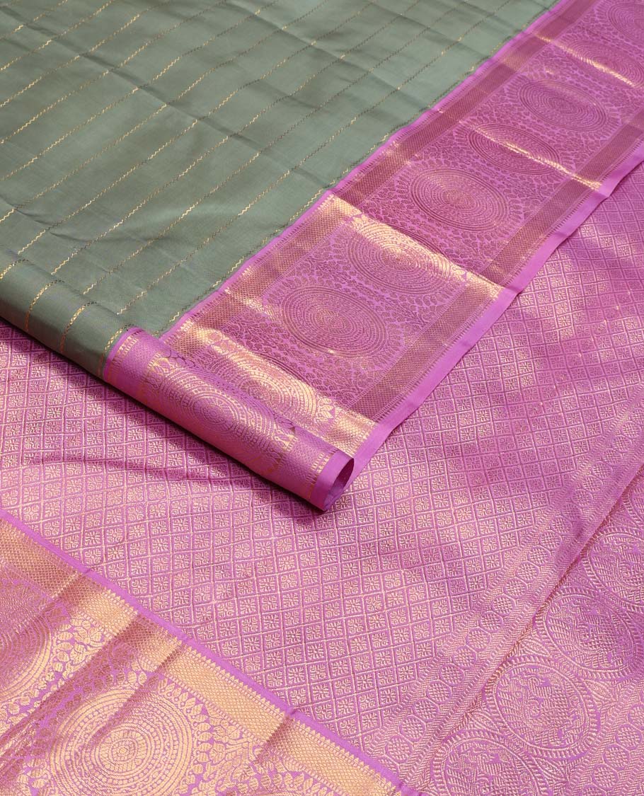 Grey veldhari zari stripes Kanchipuram korvai silk saree, contrast neer korvai border of rekku, muthu, mayil kann, and round chakram designs, and jaal pallu - Image 2