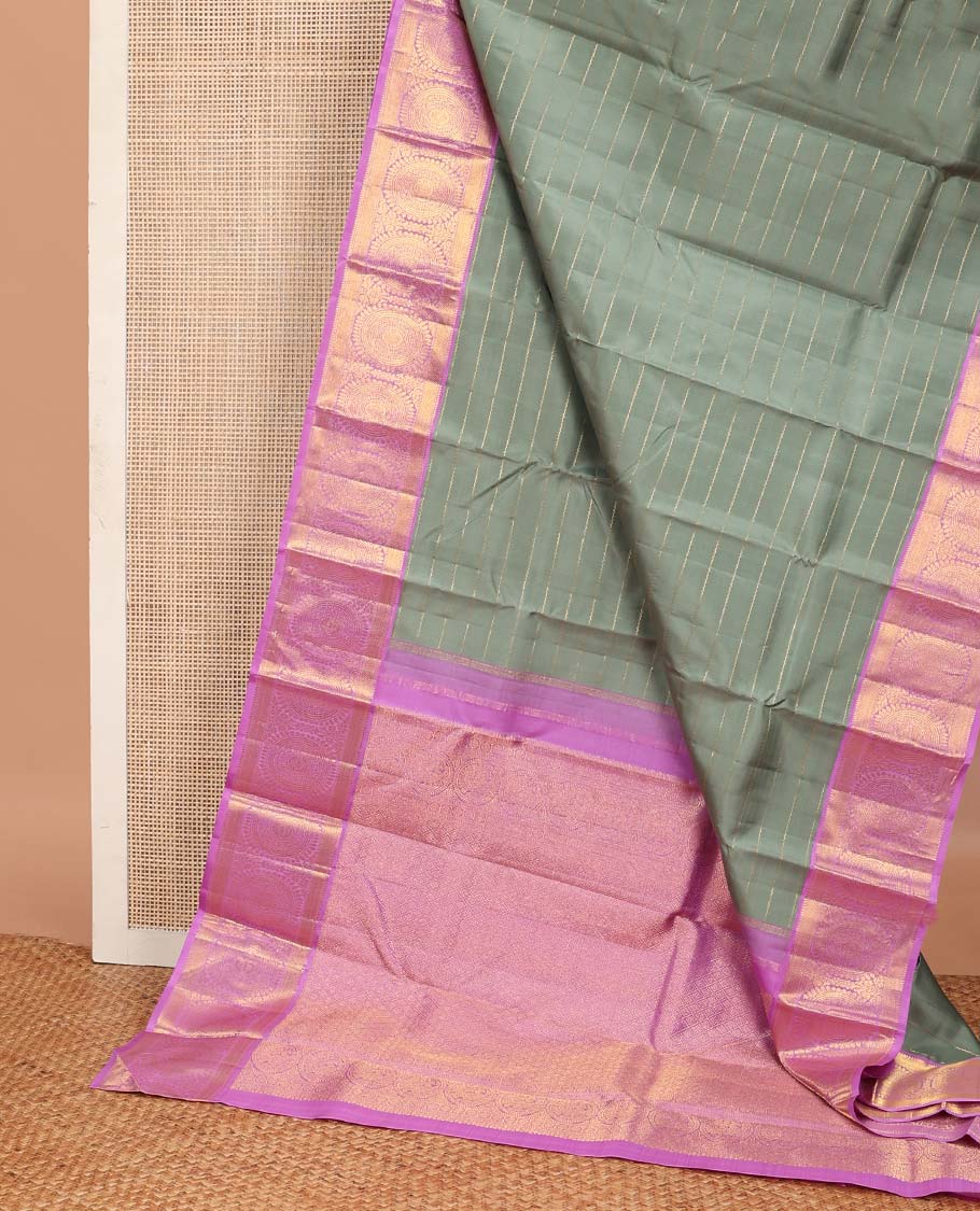 Grey veldhari zari stripes Kanchipuram korvai silk saree, contrast neer korvai border of rekku, muthu, mayil kann, and round chakram designs, and jaal pallu - Image 3