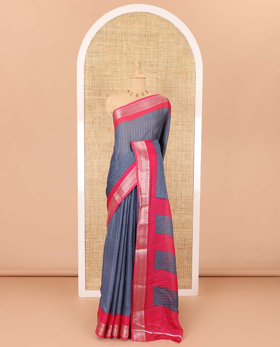 Grey vertically striped moss chiffon saree with contrast traditional zari design borders, striped pallu, and a contrast blouse - Image 2