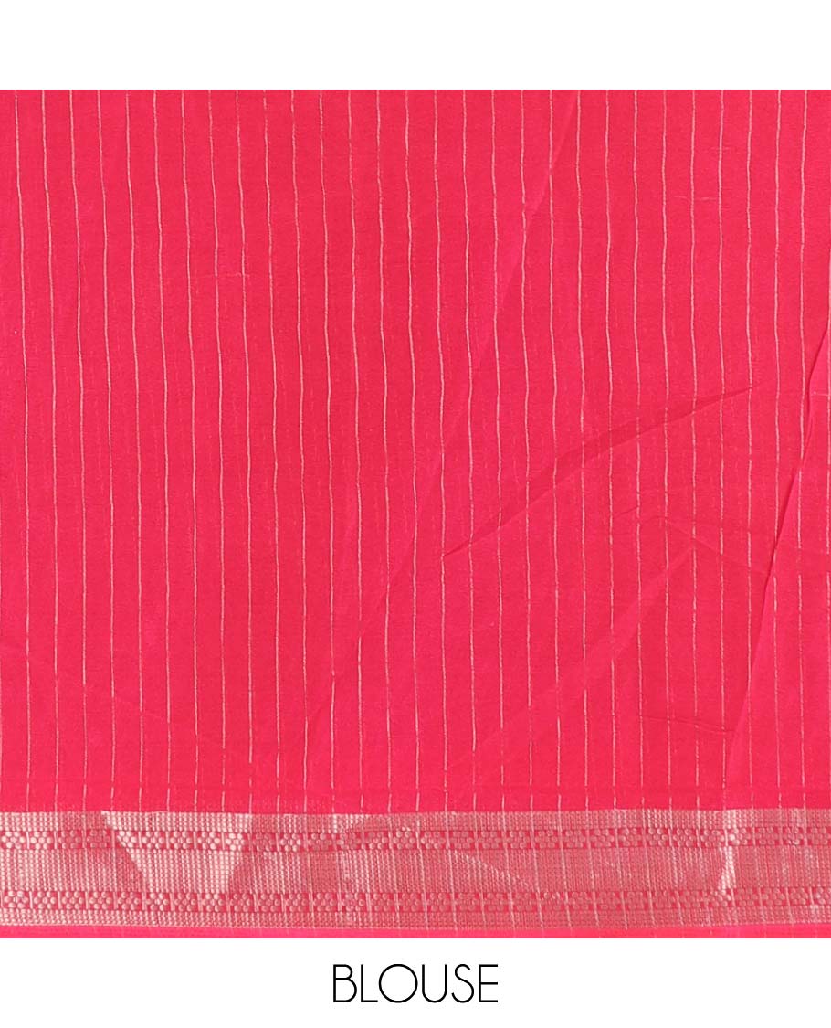 Grey vertically striped moss chiffon saree with contrast traditional zari design borders, striped pallu, and a contrast blouse - Image 4