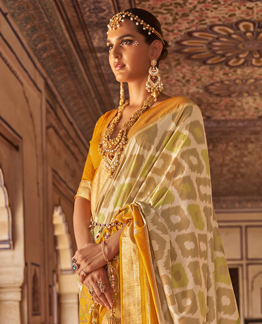 Grey-Yellow ikkat patterned designer catalog saree, contrast ikkat border, and ikat woven pallu - Image 2