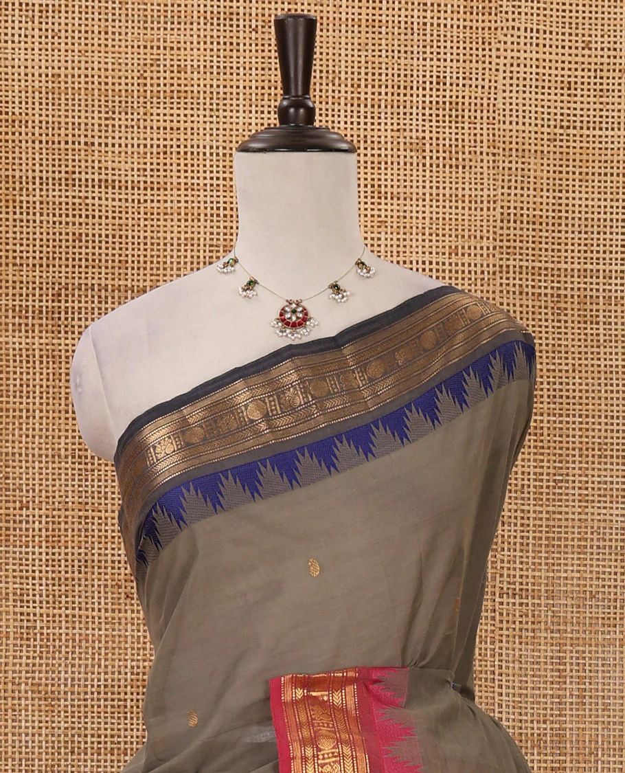 Grey zari buttas Chettinad cotton saree, contrast Ganga Jamuna temple traditional zari border, striped pallu & matching blouse - Image 3