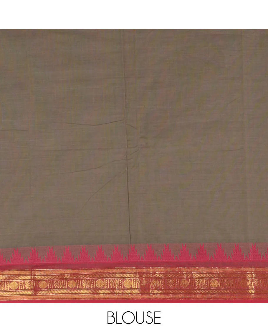 Grey zari buttas Chettinad cotton saree, contrast Ganga Jamuna temple traditional zari border, striped pallu & matching blouse - Image 4
