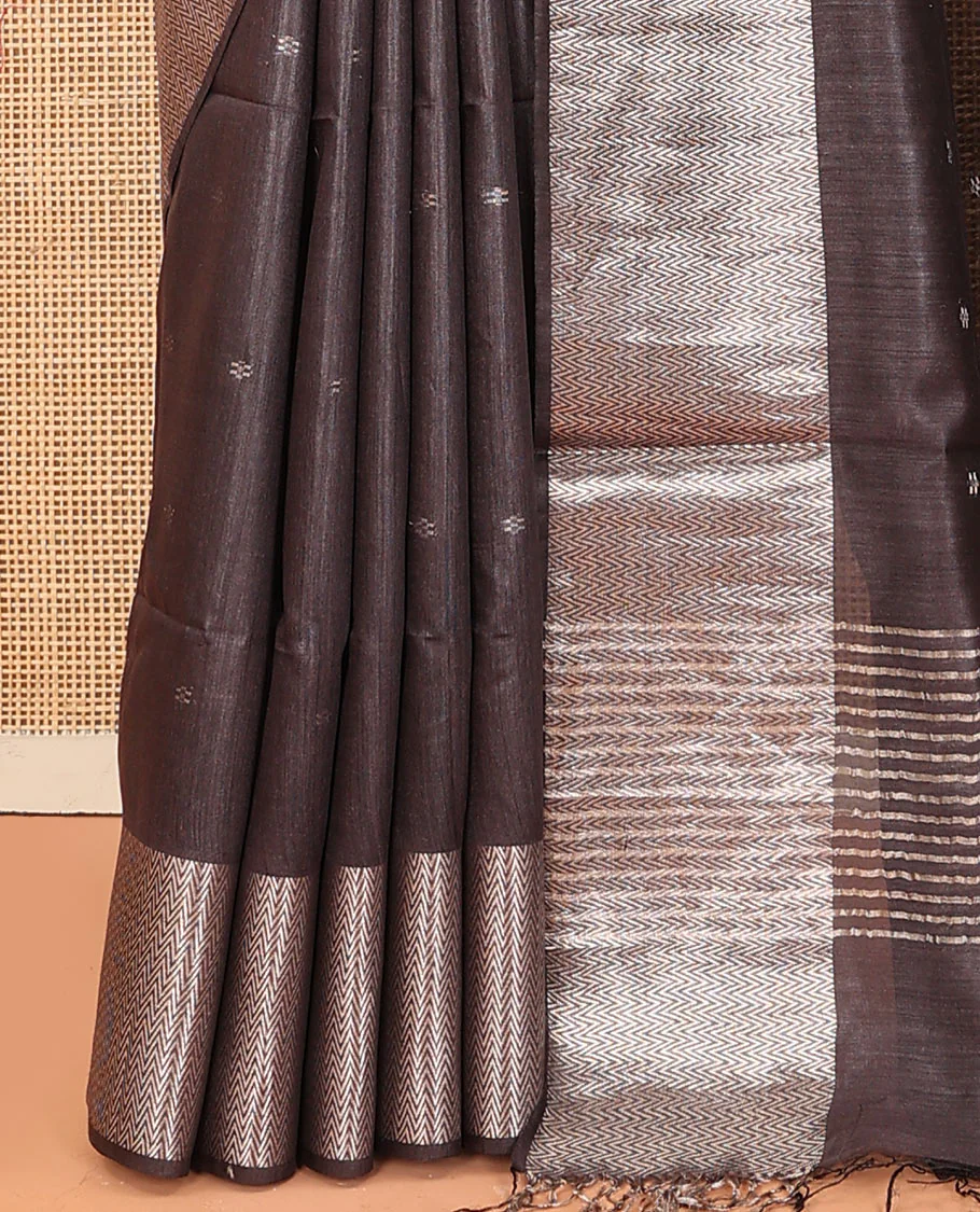 Grey zari buttas dupion saree, chevron striped border, and striped pallu - Image 3