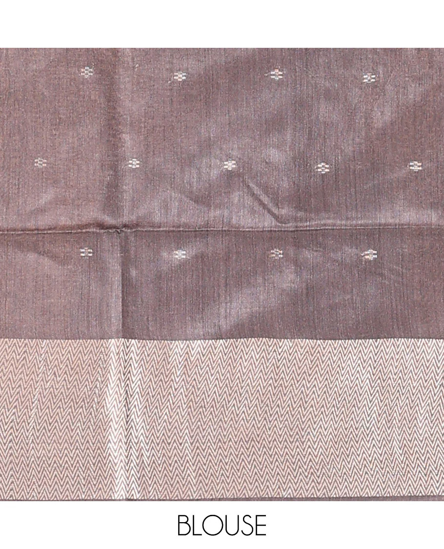 Grey zari buttas dupion saree, chevron striped border, and striped pallu - Image 4