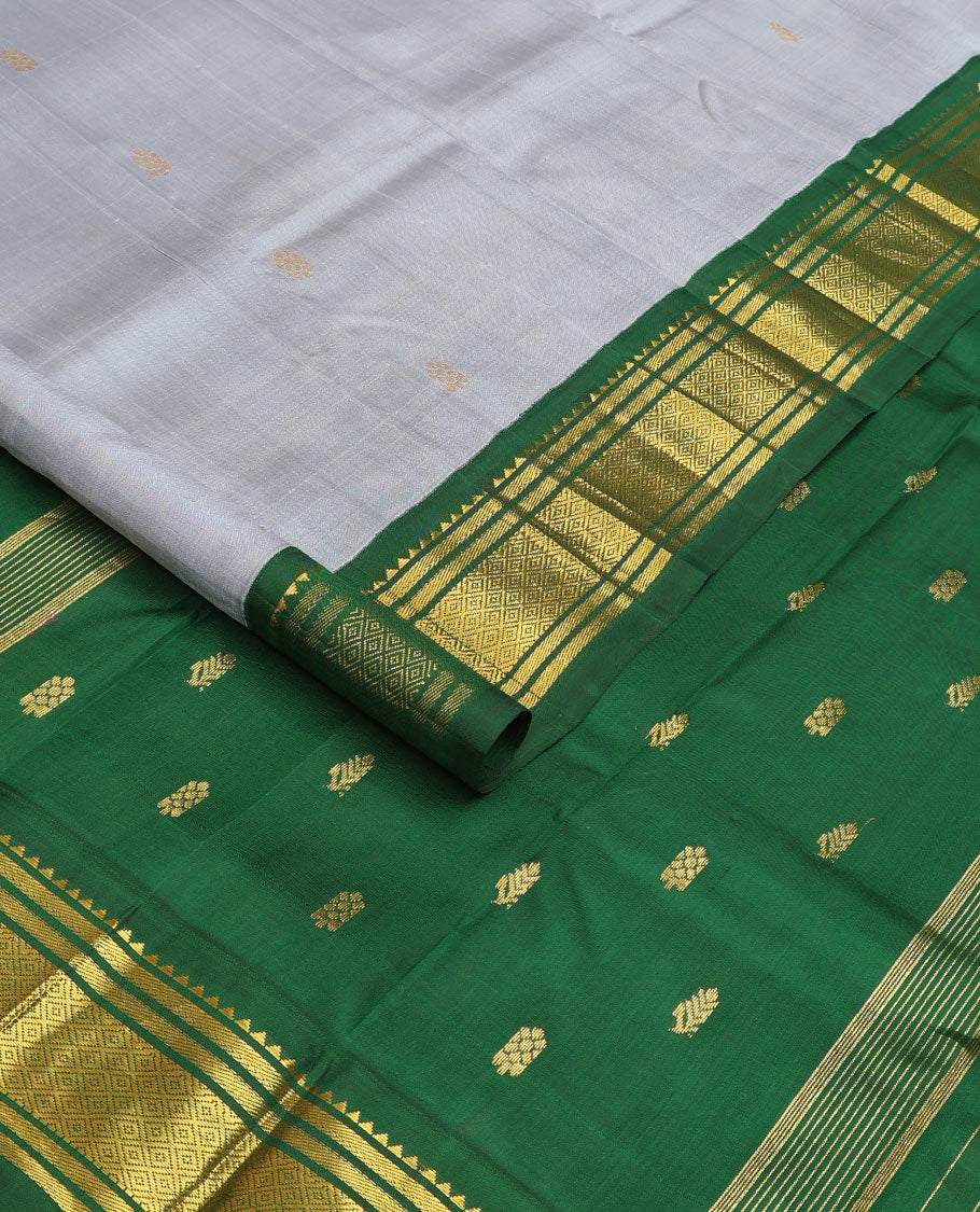 Grey zari buttas Kanchipuram silk saree, contrast one-sided border of rekku, banaras, and jaal, and zari design pallu - Image 2