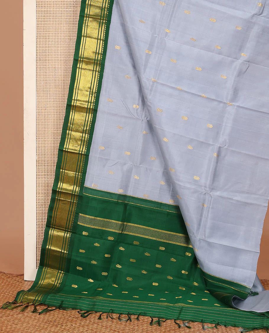 Grey zari buttas Kanchipuram silk saree, contrast one-sided border of rekku, banaras, and jaal, and zari design pallu - Image 3