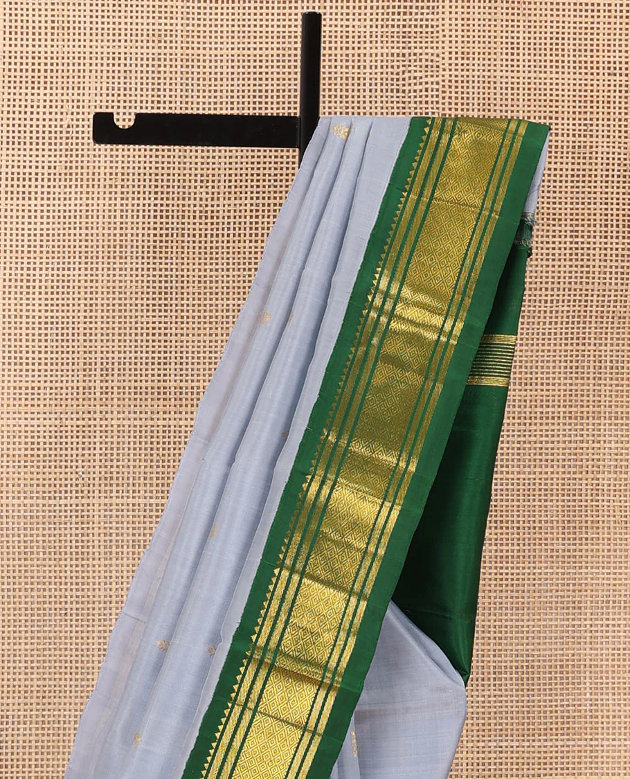 Grey zari buttas Kanchipuram silk saree, contrast one-sided border of rekku, banaras, and jaal, and zari design pallu - Image 4