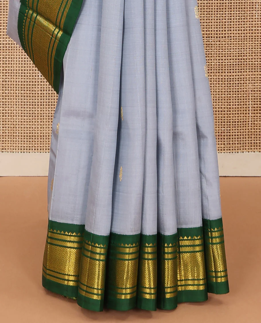 Grey zari buttas Kanchipuram silk saree, contrast one-sided border of rekku, banaras, and jaal, and zari design pallu - Image 5
