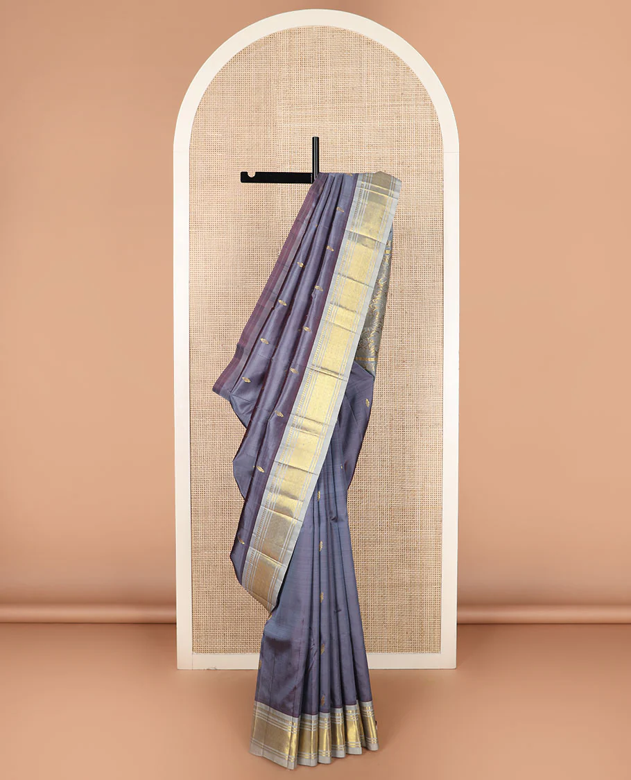 Grey zari buttas Kanchipuram silk saree, zari border of paneer sombu, banaras, and jaal designs, and floral design pallu
