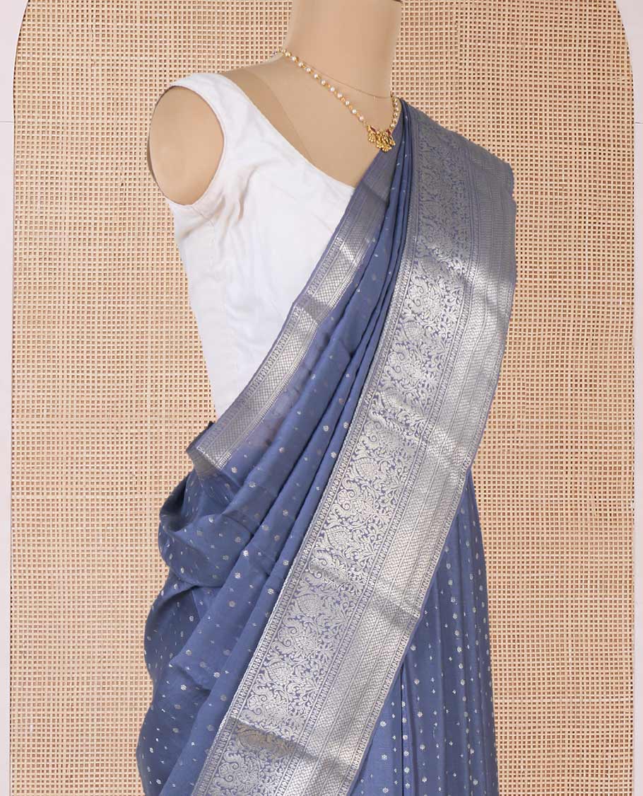 Grey zari buttas Mysore silk saree, traditional zari border, and intricate pallu - Image 3