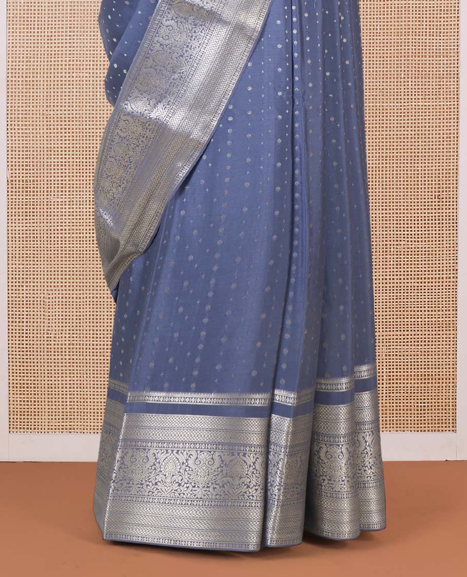 Grey zari buttas Mysore silk saree, traditional zari border, and intricate pallu - Image 4