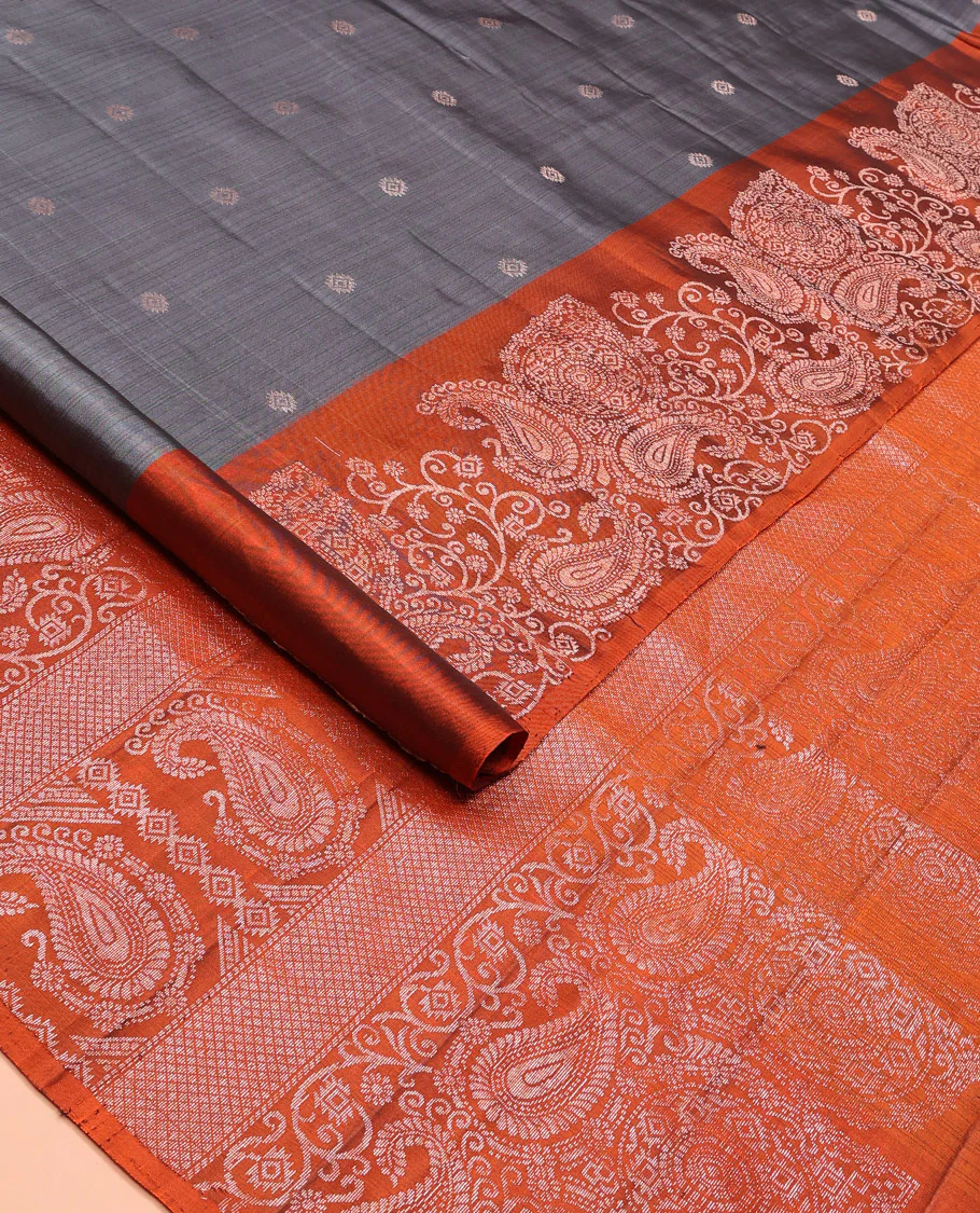 Grey zari buttas Mayuri soft silk saree, contrast border of paisleys and chakram designs, and pallu of intricate designs - Image 2