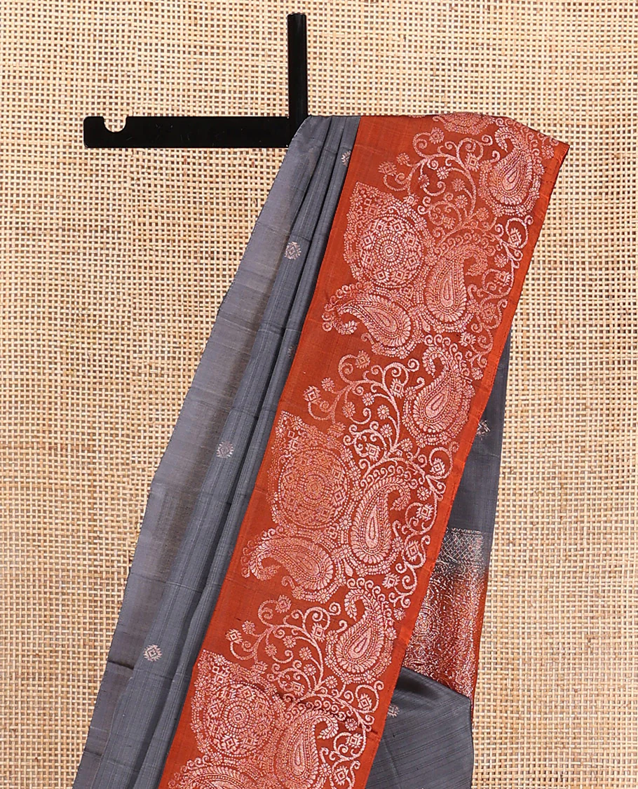 Grey zari buttas Mayuri soft silk saree, contrast border of paisleys and chakram designs, and pallu of intricate designs - Image 3