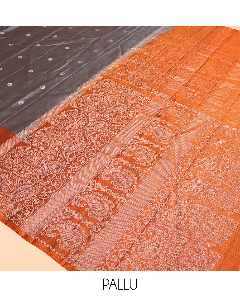 Grey zari buttas Mayuri soft silk saree, contrast border of paisleys and chakram designs, and pallu of intricate designs - Image 5