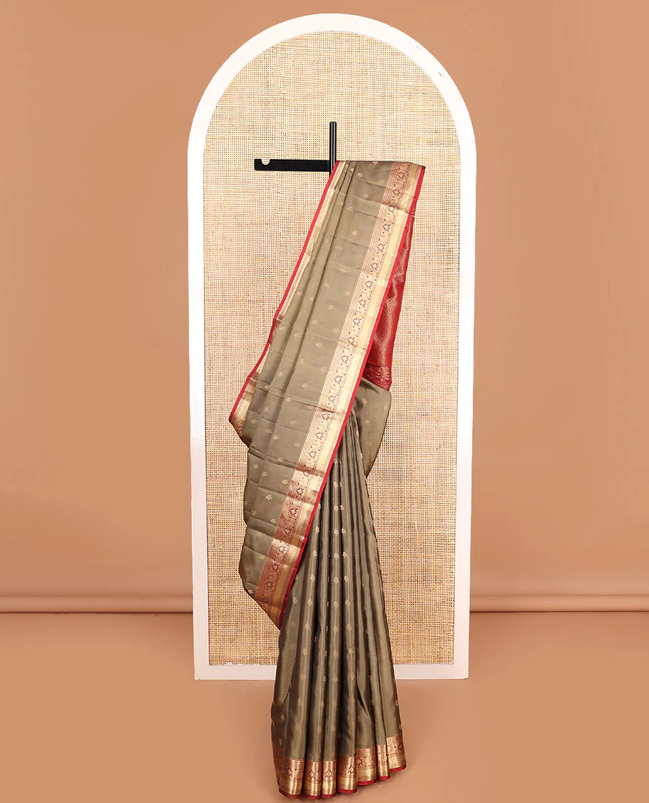 Grey zari buttas Vasundhara Lite Silk Mix Saree, contrast border of mayil, rekku, kuyil kann, and kathir designs, and intricate pallu