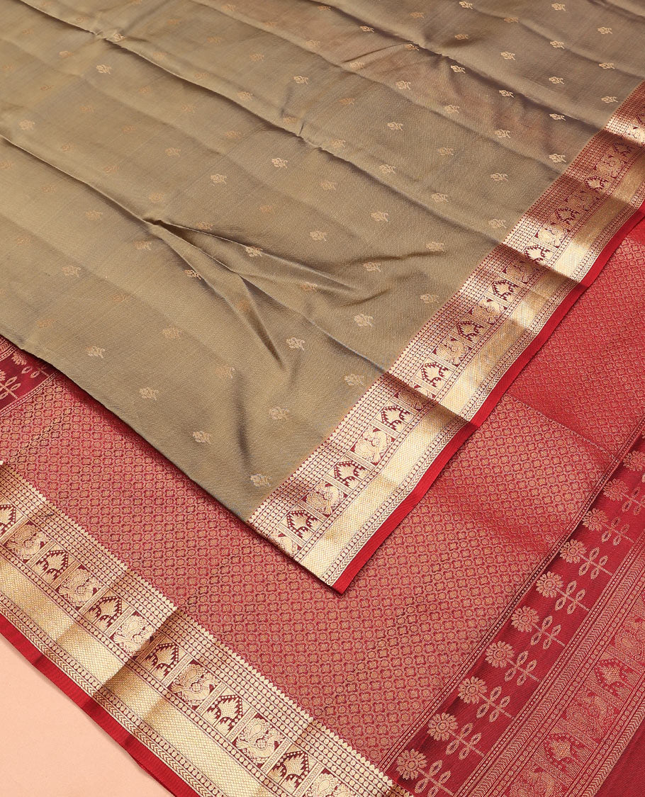 Grey zari buttas Vasundhara Lite Silk Mix Saree, contrast border of mayil, rekku, kuyil kann, and kathir designs, and intricate pallu - Image 2