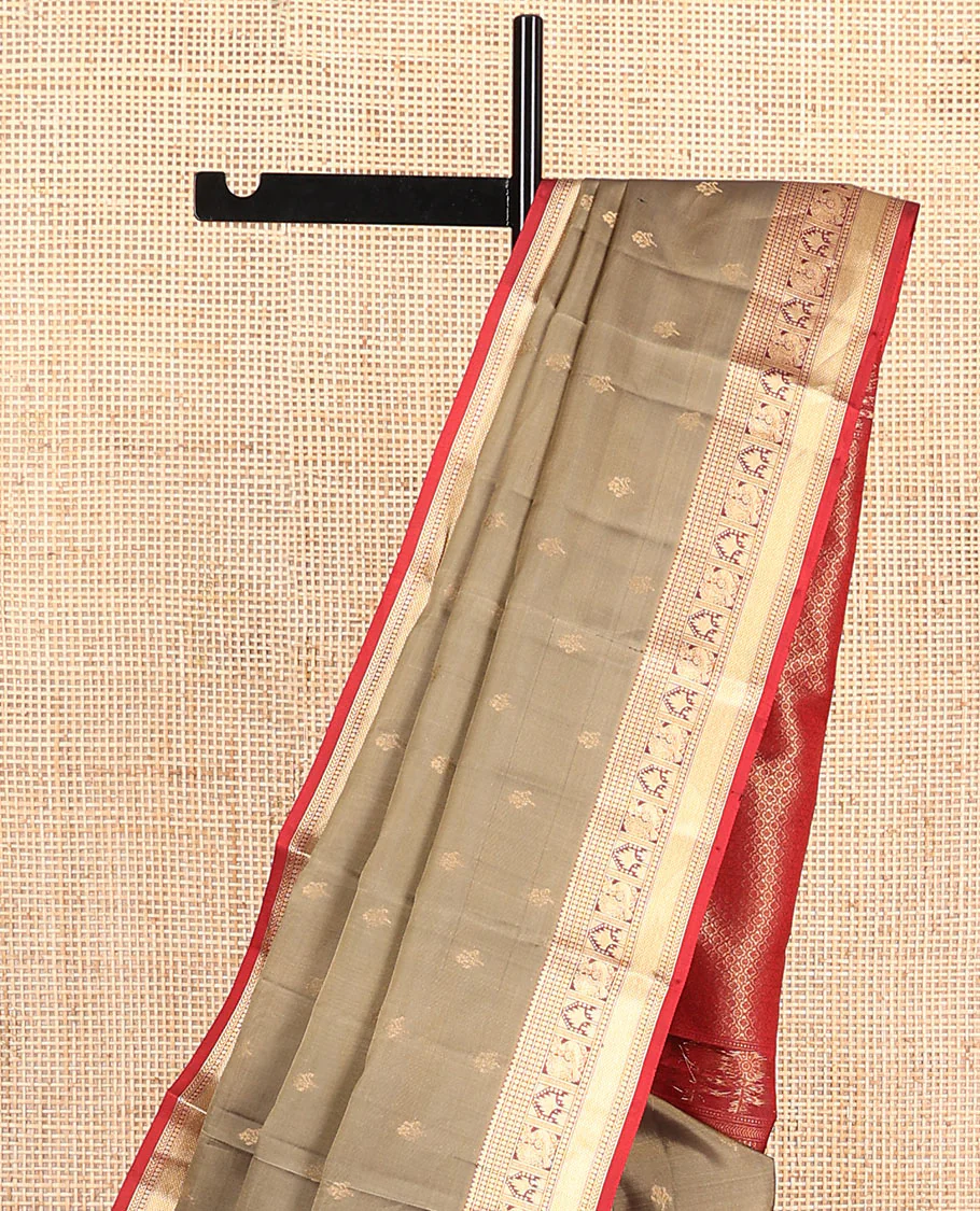 Grey zari buttas Vasundhara Lite Silk Mix Saree, contrast border of mayil, rekku, kuyil kann, and kathir designs, and intricate pallu - Image 3