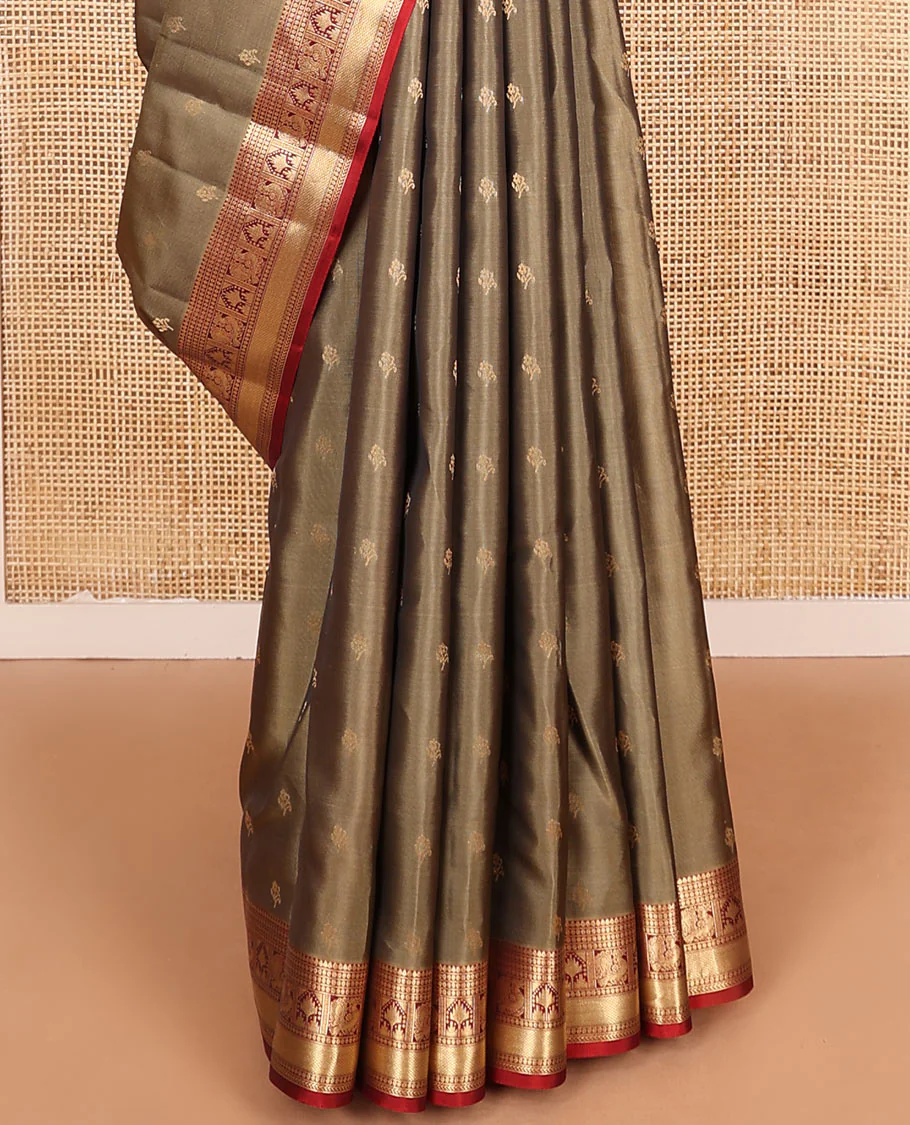 Grey zari buttas Vasundhara Lite Silk Mix Saree, contrast border of mayil, rekku, kuyil kann, and kathir designs, and intricate pallu - Image 4