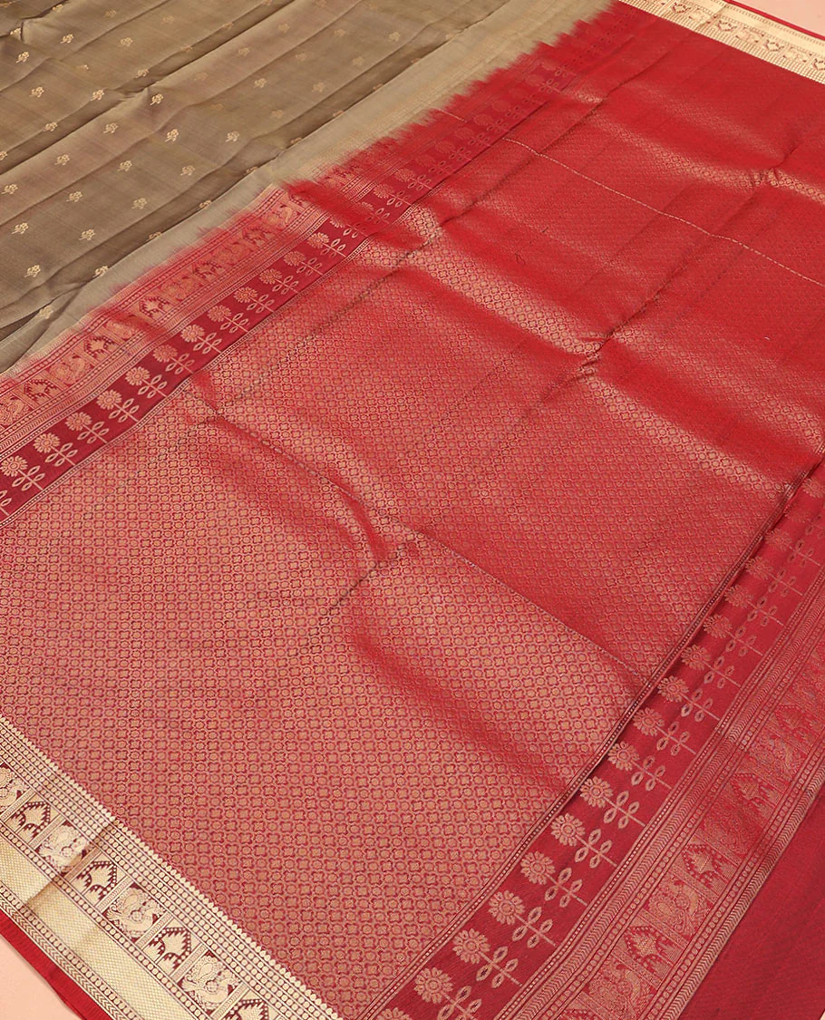 Grey zari buttas Vasundhara Lite Silk Mix Saree, contrast border of mayil, rekku, kuyil kann, and kathir designs, and intricate pallu - Image 5